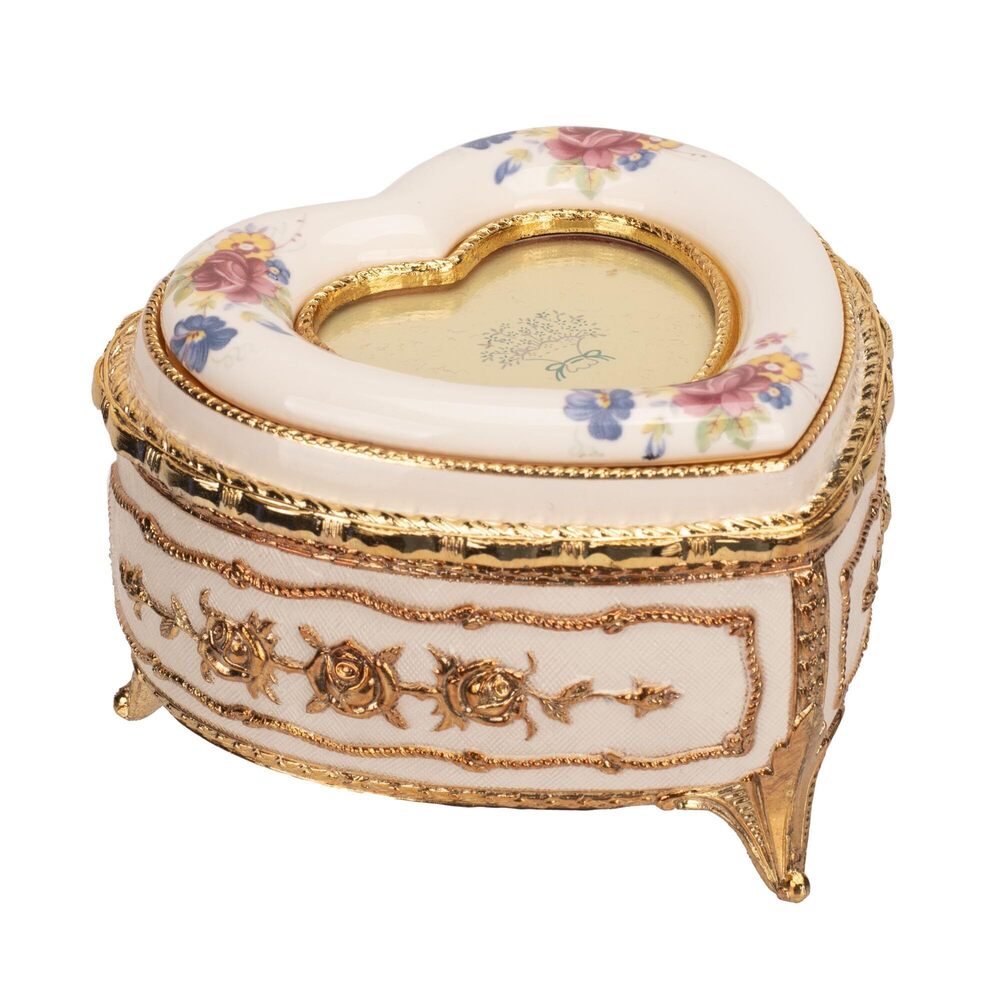 2701 Musical Trinket Heart Shaped Photo Frame Jewelry Box, White and Gold